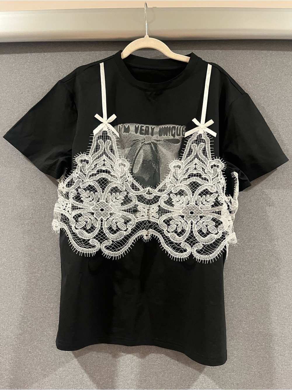 Black Tee with White Lace Bralette Overlay - Women's Top